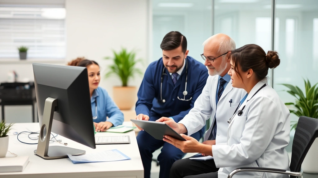 Doctor and office staff collaborating around desk with tablet and computer, reviewing patient information and discussing care coordination in modern clinic