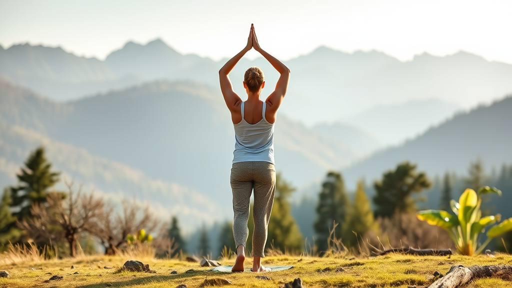 Person practicing yoga in peaceful natural setting with mountains and trees, wellness lifestyle, serene morning light, no text no words no letters