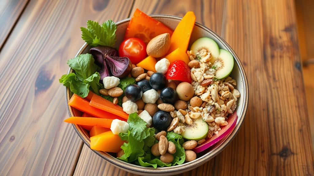 Colorful healthy meal bowl with vegetables fruits nuts arranged beautifully on wooden table, nutritious food cluster, no text no words no letters