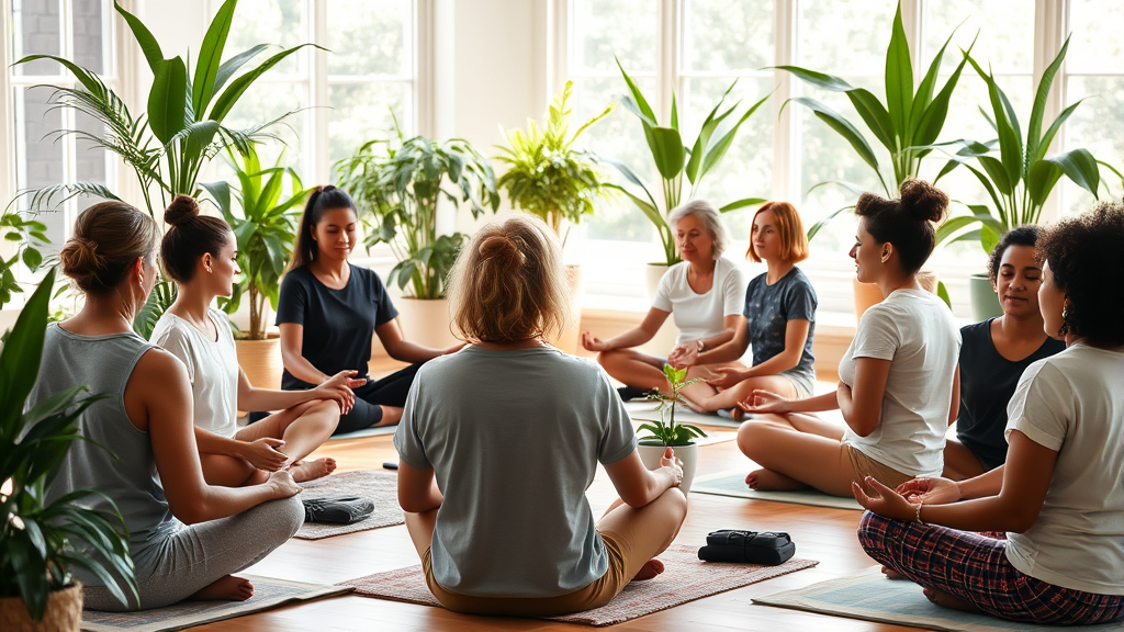 Group of diverse people meditating together in bright airy room with plants, community wellness connection, no text no words no letters