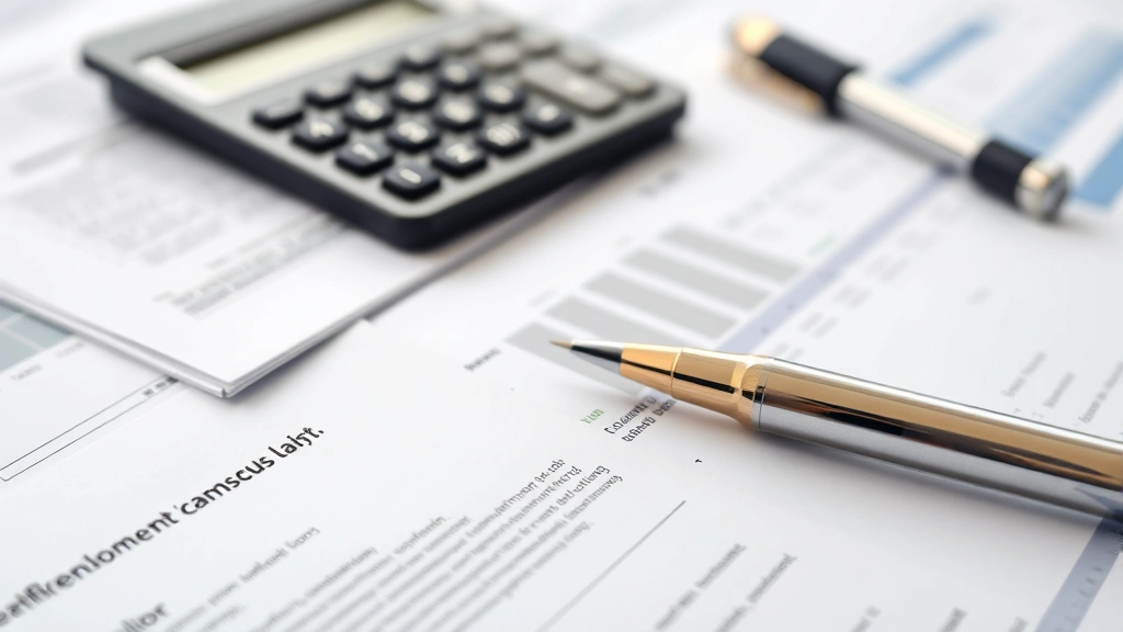 Close-up of calculator, documents, and pen on desk showing financial planning, organized paperwork, soft focus background