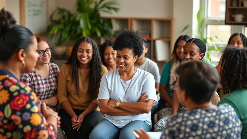Group of diverse people in a health education class or wellness program workshop setting, engaged and learning together in a community space