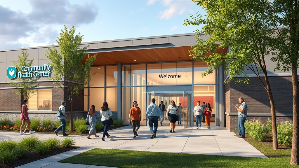A community health center exterior with welcoming entrance, diverse people walking in, modern architecture with green landscaping