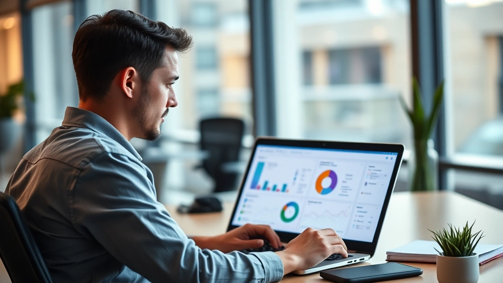 Person sitting at desk with laptop displaying a healthcare dashboard with charts and medical information, modern office environment, warm lighting, focused expression