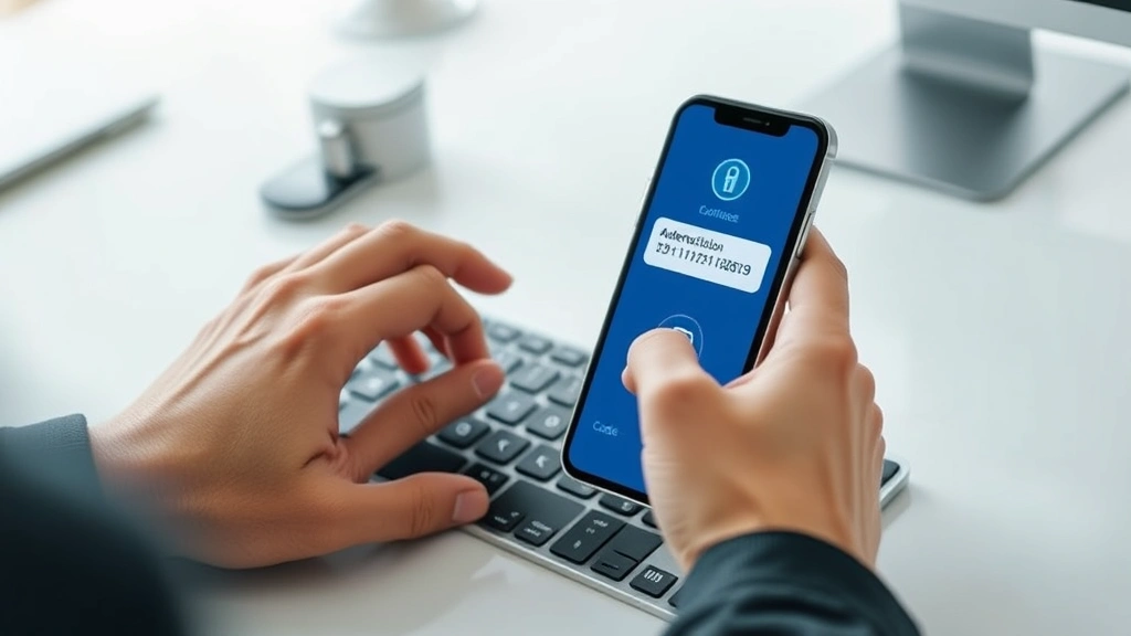 Close-up of hands typing on keyboard with smartphone showing authentication code notification, secure digital interface, minimalist desk setup, professional atmosphere