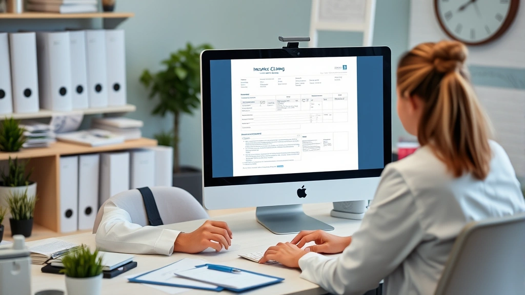 Medical billing specialist at desk reviewing computer screen with insurance claim form and documentation, organized office workspace