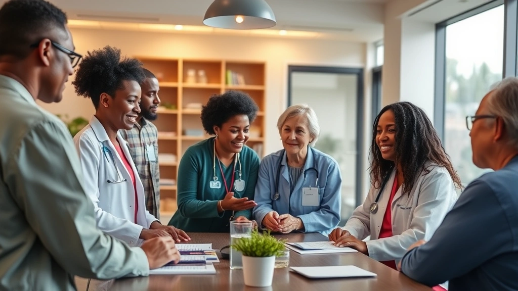 A diverse group of healthcare professionals having a collaborative meeting in a modern community health center, with warm lighting and inclusive atmosphere