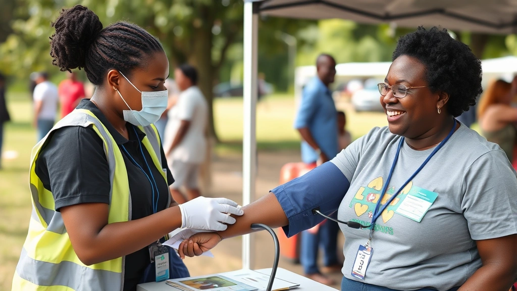 A community health worker conducting a health screening at an outdoor community event, taking blood pressure of a smiling community member