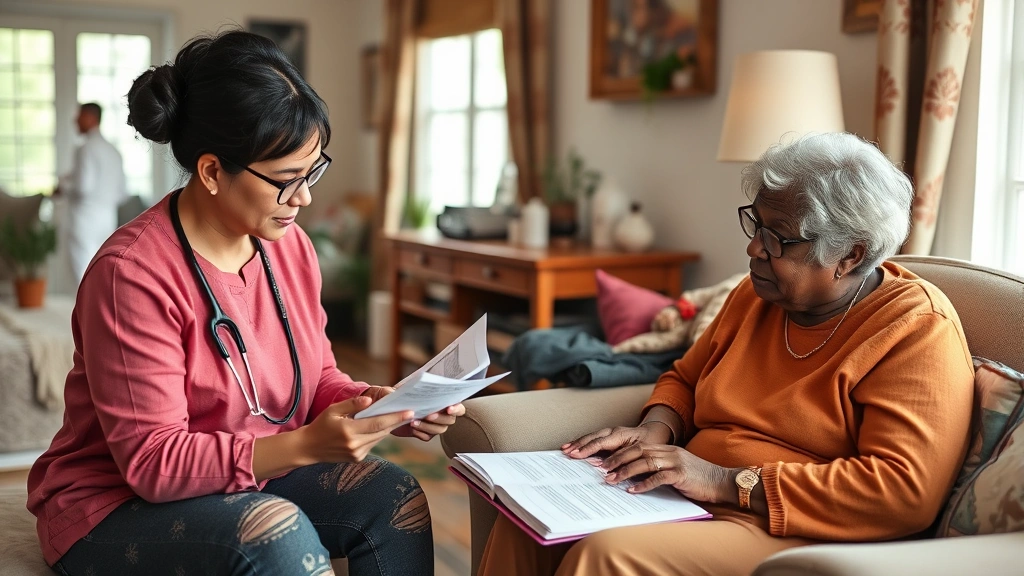 A community health worker sitting with a client in a home setting, reviewing health information and discussing wellness goals with genuine engagement