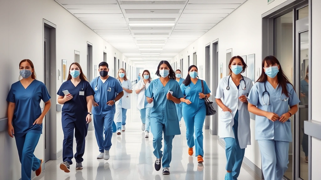 Modern hospital corridor with diverse healthcare professionals in scrubs walking together, natural lighting, professional medical environment without people faces visible