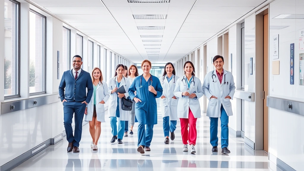 Modern hospital corridor with diverse healthcare professionals walking together, bright natural lighting, professional medical environment, clean contemporary design