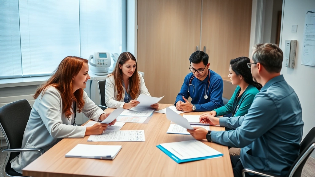 Healthcare team in conference room reviewing charts and documents at table, collaborative workplace atmosphere, clinical setting with medical equipment visible in background