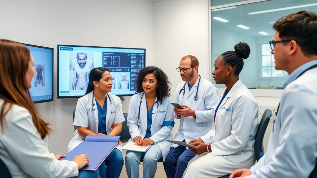 Healthcare team collaborating in a clinical meeting room, diverse staff reviewing patient information on digital displays, focused professional atmosphere