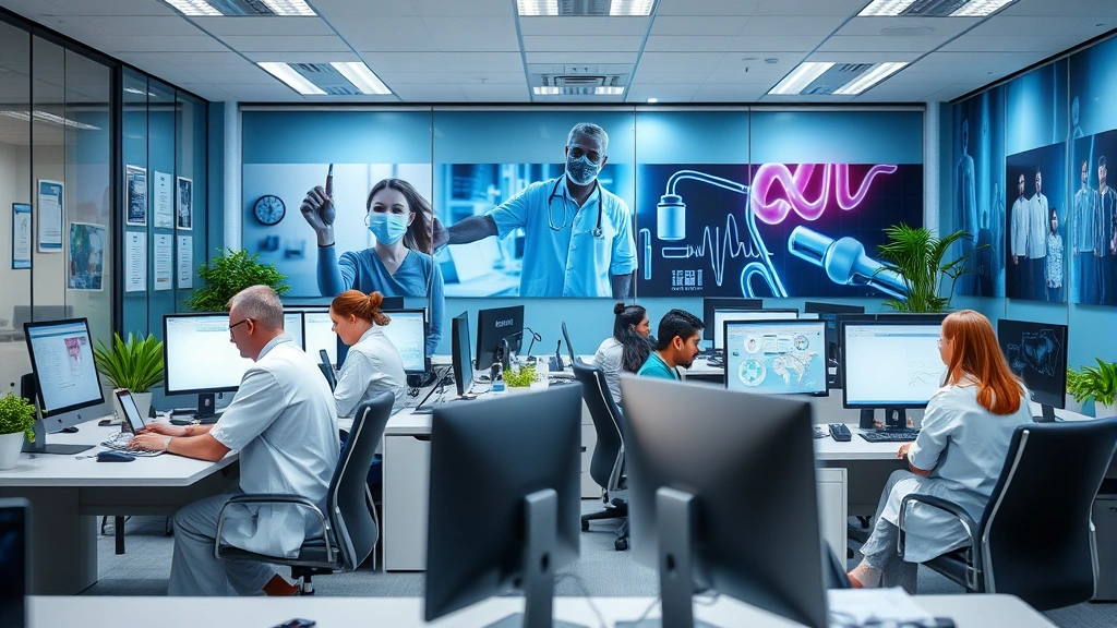 Administrative office space with professionals at desks with computers, healthcare workplace environment, organized modern office with medical imagery on walls