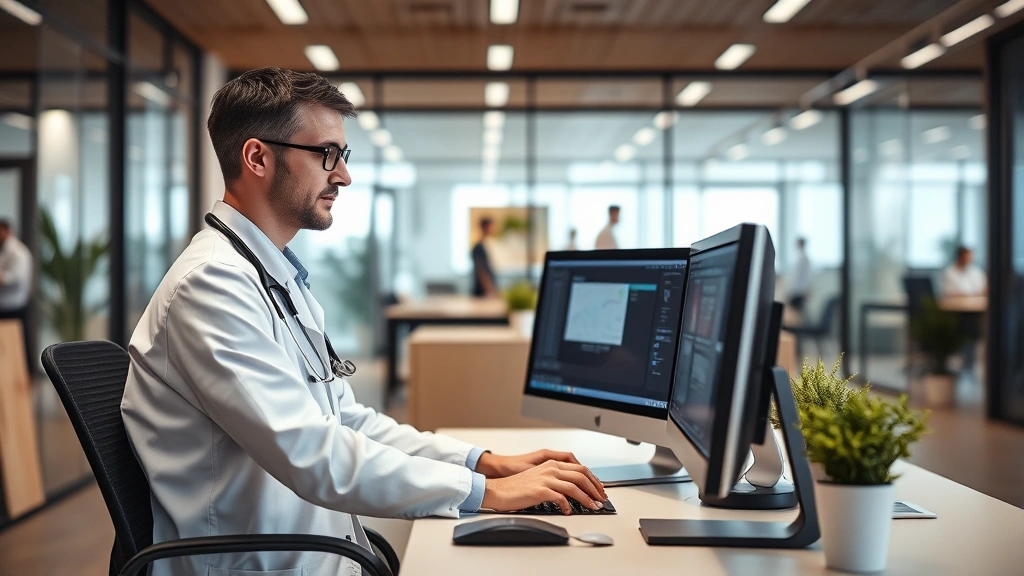 Healthcare professional at computer workstation in modern office setting, engaged in administrative healthcare work, contemporary medical facility background