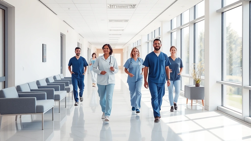Modern hospital corridor with clean white walls, bright natural lighting through large windows, healthcare professionals in scrubs walking purposefully, contemporary medical facility design with comfortable seating areas