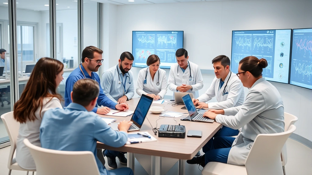 Diverse team of healthcare professionals in a modern hospital conference room collaborating around a table with medical charts and digital displays, focused and engaged medical staff working together