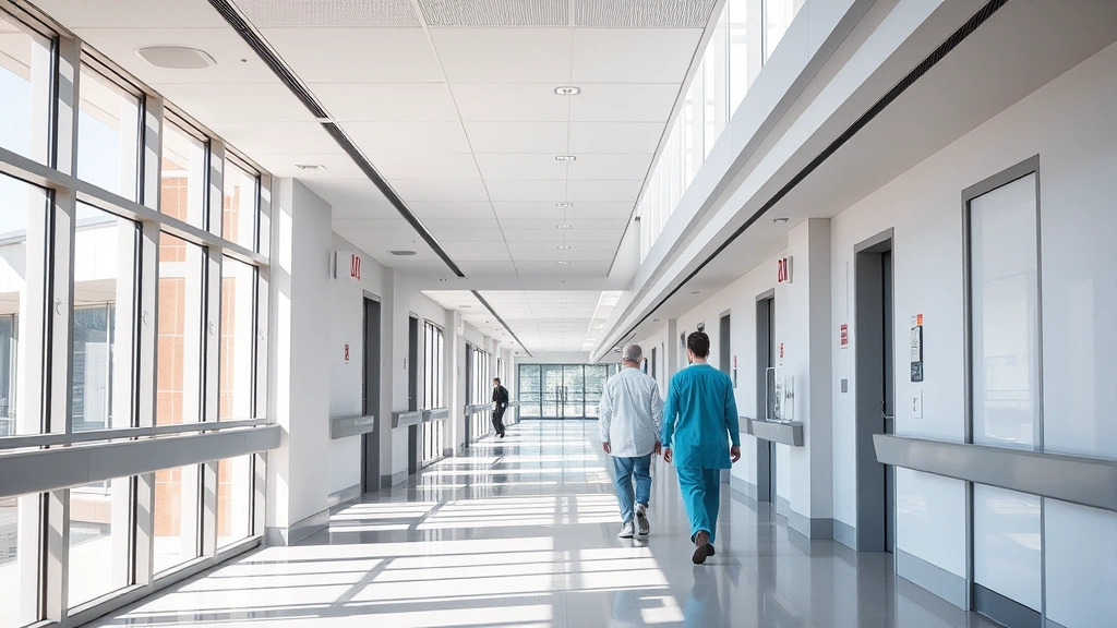 Modern hospital corridor with natural lighting, clean architectural lines, medical professionals walking, contemporary healthcare facility design