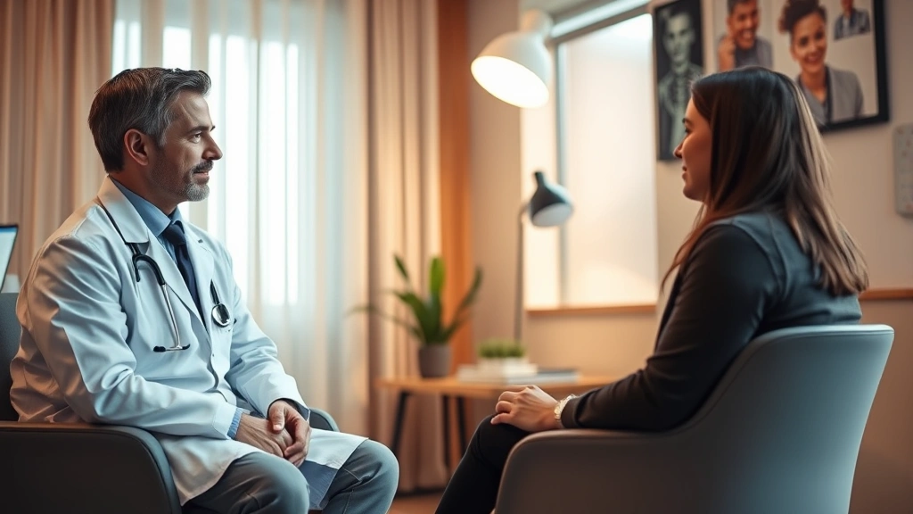 Doctor and patient in consultation room having discussion, warm lighting, patient sitting comfortably, professional healthcare environment