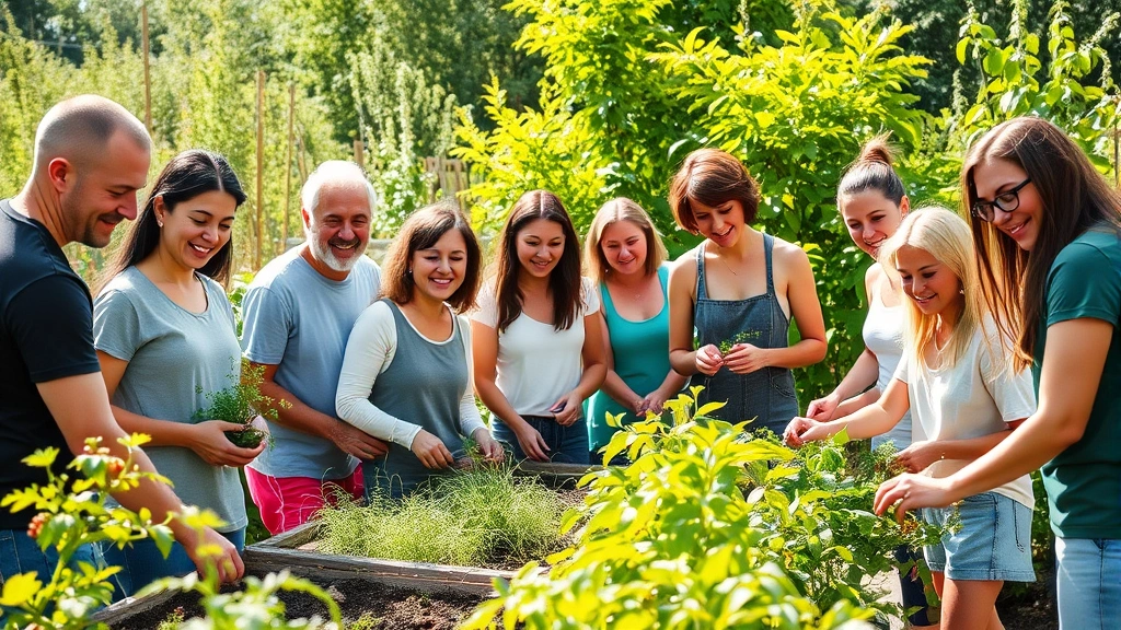 Diverse group of people in a community garden together, smiling and tending plants, natural sunlight, vibrant green foliage, peaceful collaborative atmosphere