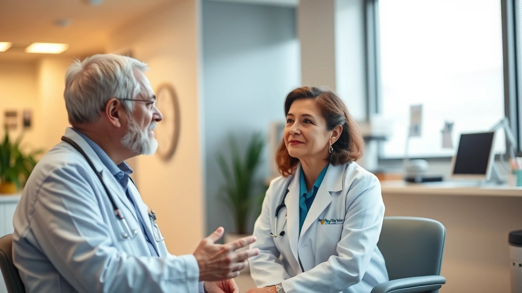 Healthcare professional consulting with patient in modern clinic, warm lighting, both engaged in conversation, medical office background with health charts visible