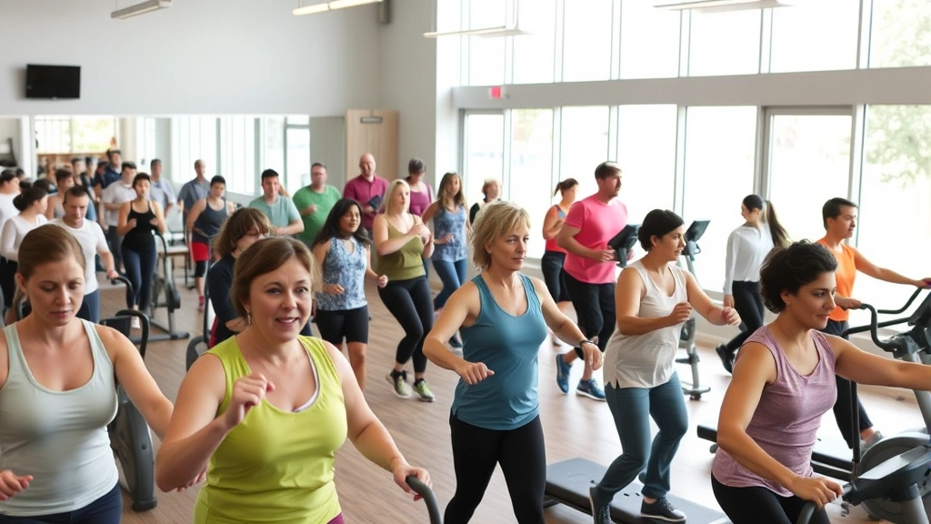 Community center with people exercising, attending wellness classes, using fitness equipment, diverse ages and backgrounds, bright welcoming space with large windows