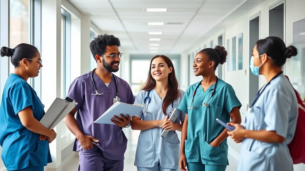 Young diverse students in professional medical scrubs working together in a modern hospital corridor with natural lighting, engaged in conversation with healthcare professionals