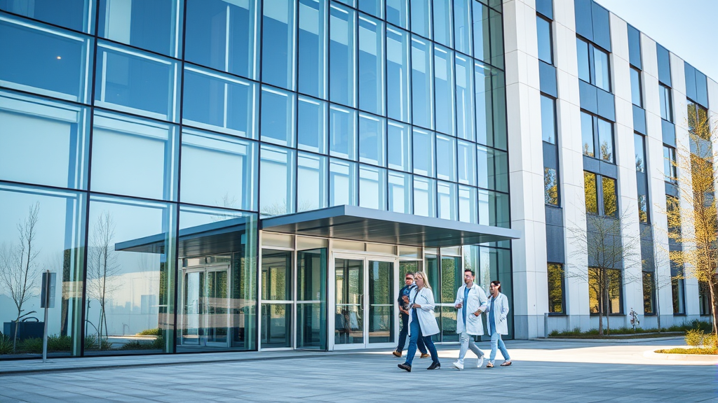 Modern hospital building with glass facade and professional healthcare workers walking outside, bright daylight, no text no words no letters