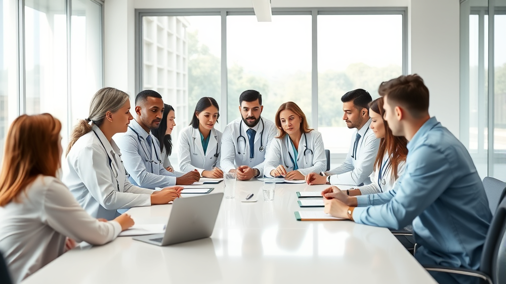 Diverse group of healthcare professionals collaborating around conference table in bright modern meeting room, no text no words no letters