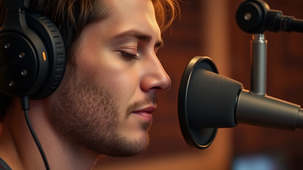 Close-up of a person in a recording studio wearing headphones, focused and peaceful, warm lighting, professional microphone visible, no text or signage