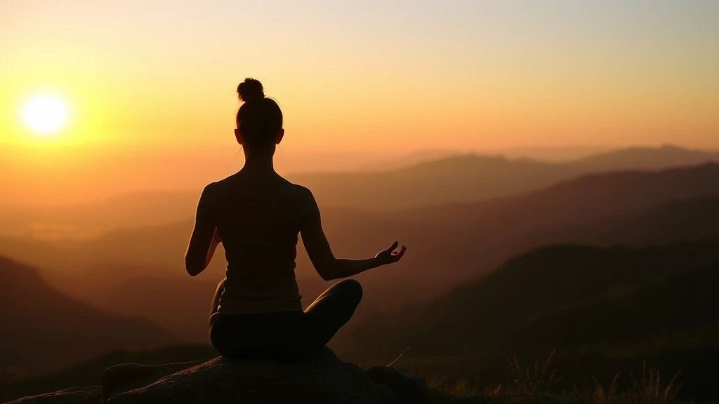 Silhouette of a person meditating outdoors at sunrise on a mountain overlook, peaceful and serene atmosphere, natural landscape background, golden hour lighting