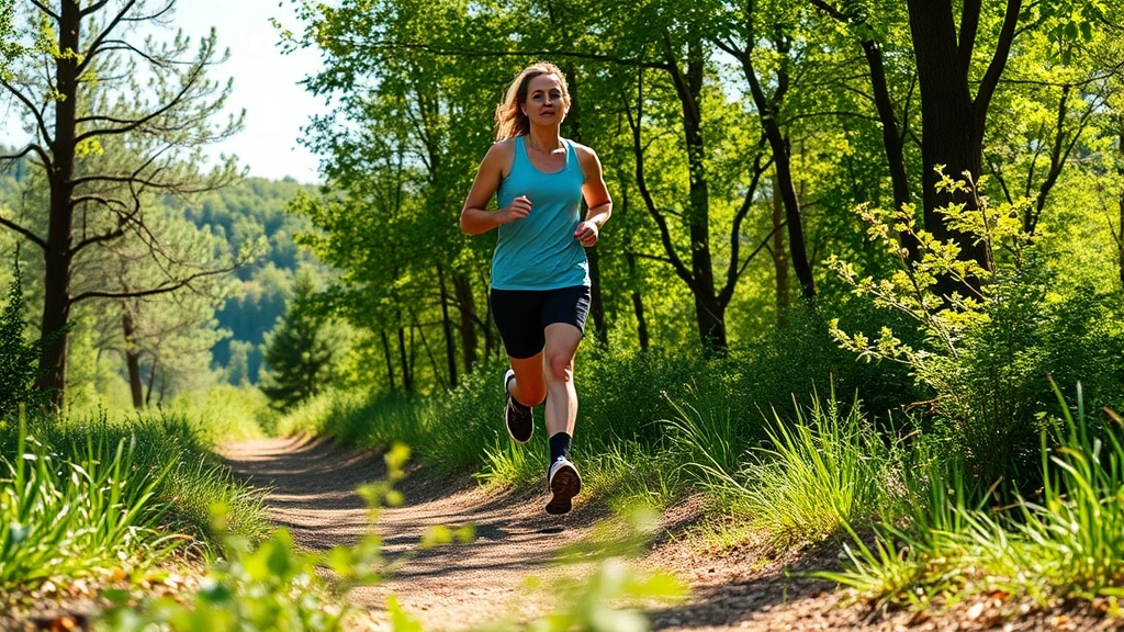 Person jogging on a scenic trail through nature, motion and vitality, green trees and natural surroundings, bright daylight, healthy and energetic posture