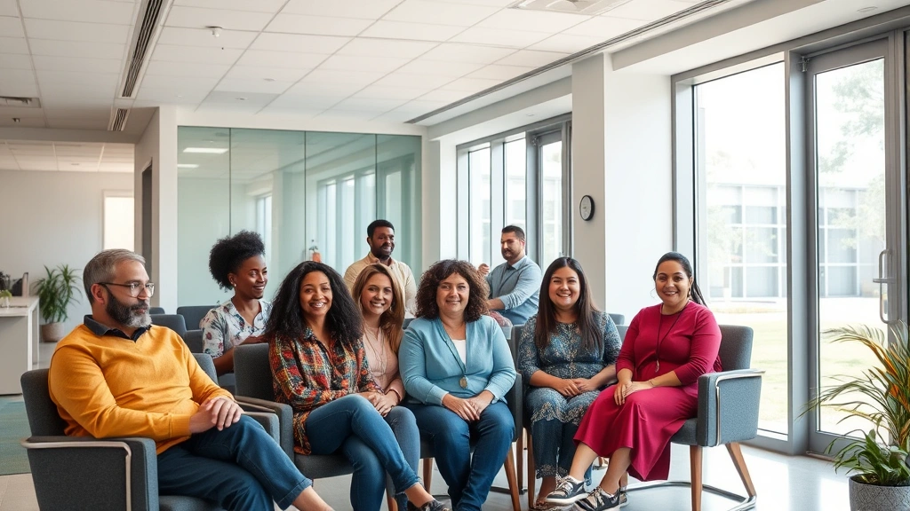 Diverse community members gathering in a modern health clinic waiting area with natural lighting and comfortable seating, representing population health and healthcare access