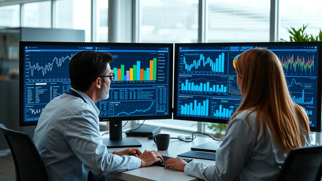 Healthcare professionals analyzing data on computer screens showing graphs and statistics, representing health metrics analysis and epidemiology work