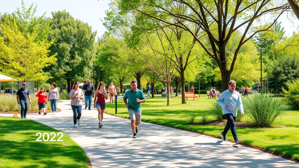 Vibrant outdoor community space with people exercising, walking, and socializing in a green park environment, representing health factors and community wellness
