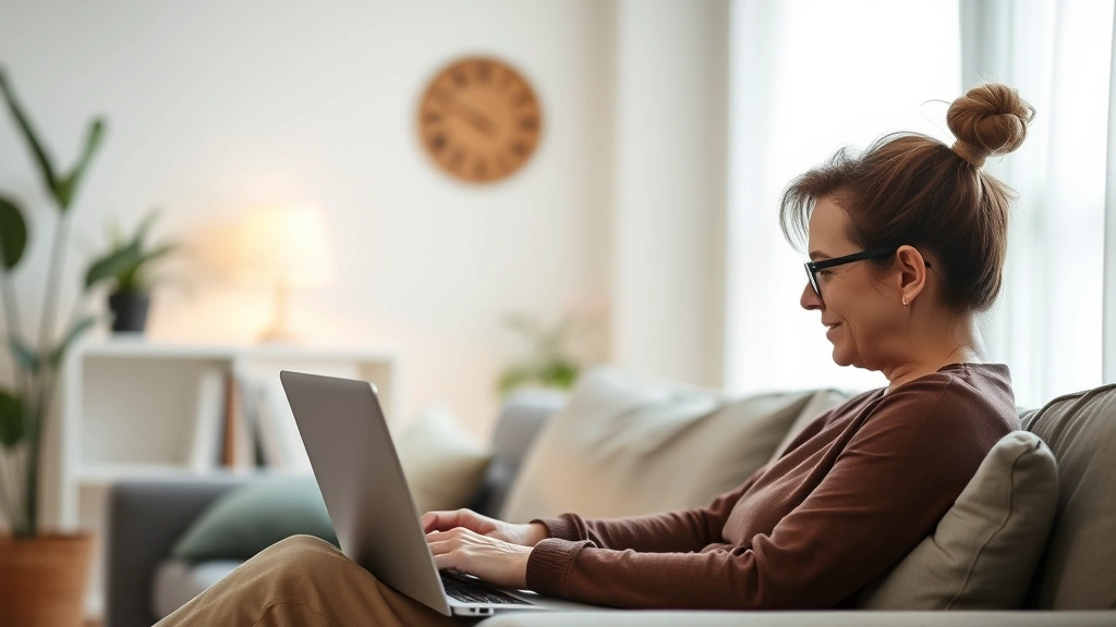 Person in comfortable home setting using laptop for virtual therapy session with supportive, calm expression and peaceful background