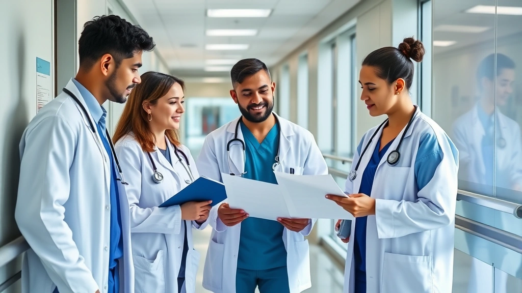 Healthcare professionals collaborating in modern hospital corridor, diverse team members reviewing patient charts together, natural lighting, professional medical environment
