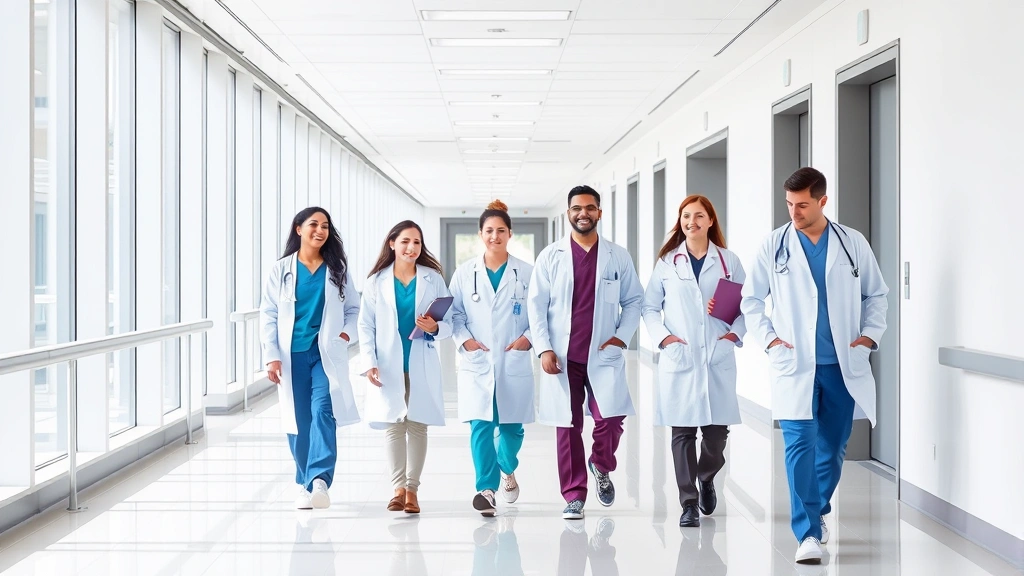 Medical staff in white coats and scrubs walking through bright hospital hallway with contemporary architecture, multiple healthcare workers of different specialties interacting