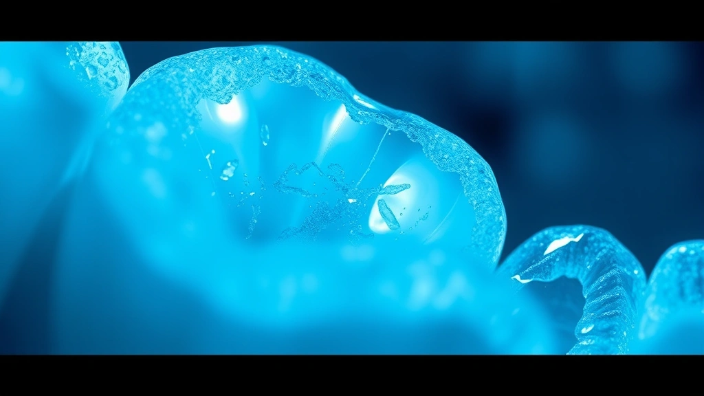 Microscopic view of tooth enamel with protective mineral layer, crystalline structure showing fluoride reinforcement, scientific and detailed, blue and white tones