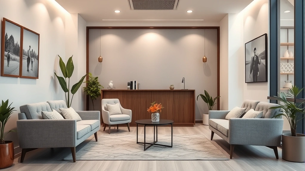 Modern mental health clinic interior with comfortable seating, soft lighting, calming neutral colors, and professional yet welcoming atmosphere for therapy sessions