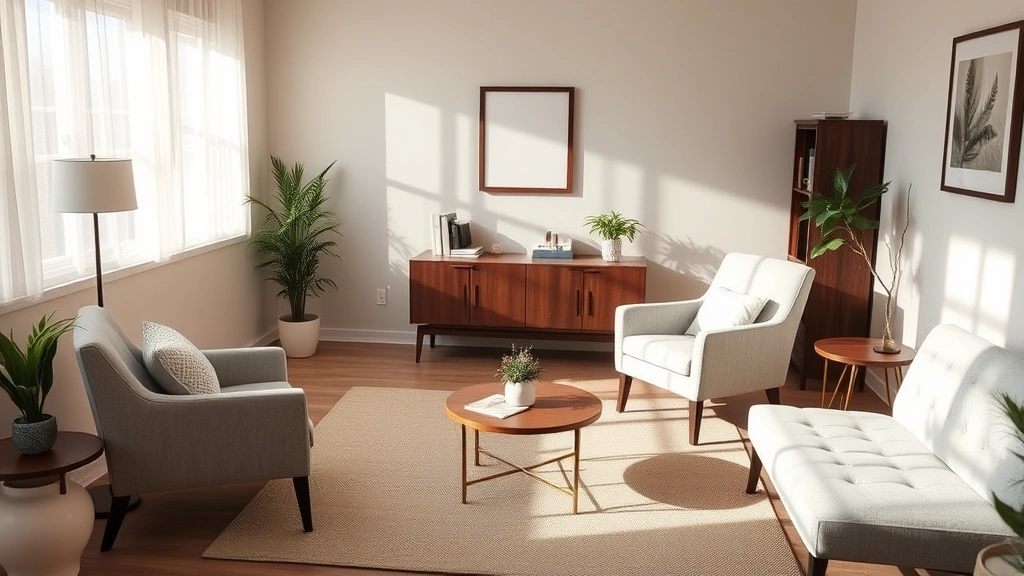 Serene therapy office with comfortable seating, soft lighting, and calming neutral colors, professional and welcoming environment for mental health counseling sessions