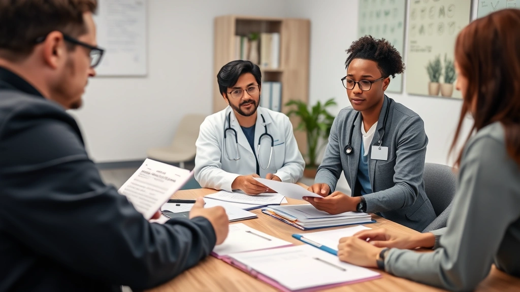 Diverse group of healthcare professionals in clinical setting including therapist, psychiatrist, and counselor collaborating during team meeting with patient files
