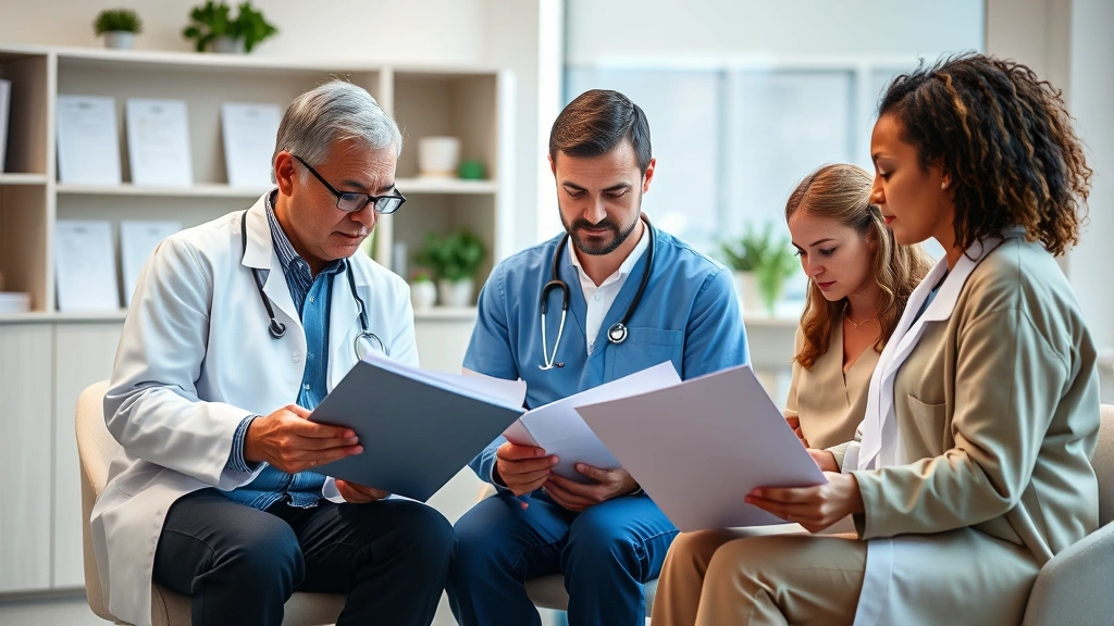 Diverse group of healthcare professionals in clinical setting including psychiatrist, counselor, and social worker reviewing patient files together collaboratively