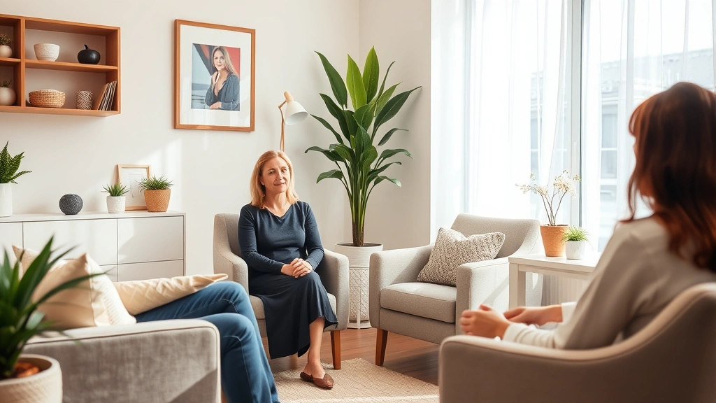 Person in therapy session with compassionate therapist in peaceful office environment with natural light, comfortable furniture, and serene décor