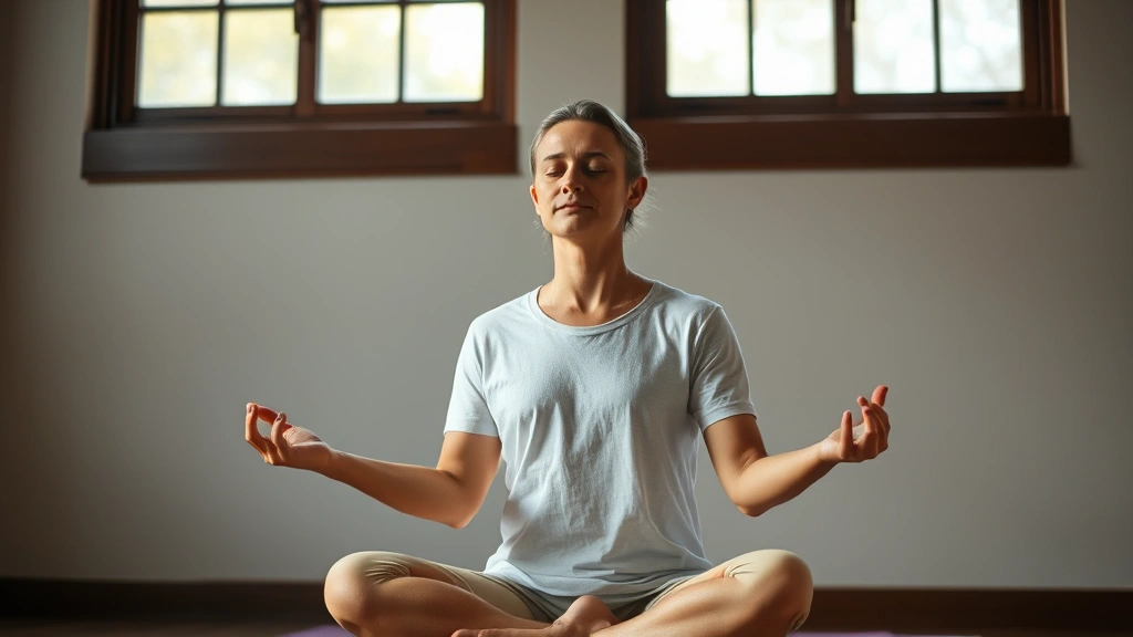 Peaceful individual in meditation pose during mindfulness session, natural lighting through windows, representing mental wellness and therapeutic practice