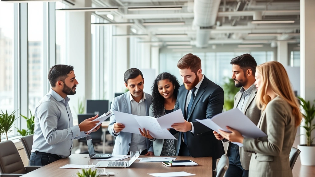 Professional office environment with people reviewing documents and having discussions, modern corporate workspace with natural lighting, diverse team members collaborating