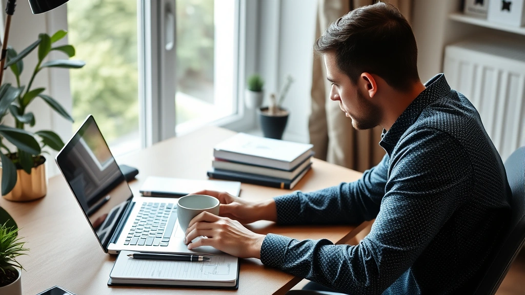 Person at home office desk working on laptop with notebook and coffee cup, focused individual during job search, comfortable professional workspace with natural window light