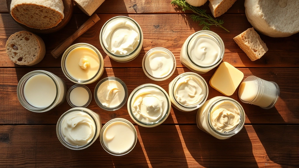 Overhead view of various dairy spreads in glass jars on a wooden surface, morning sunlight streaming across, health food store aesthetic with natural textures