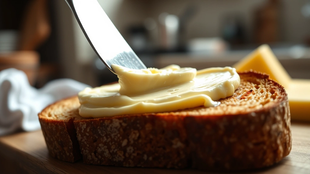 Close-up of artisanal butter spreading smoothly on warm whole grain toast, creamy texture visible, rustic kitchen background with soft natural lighting