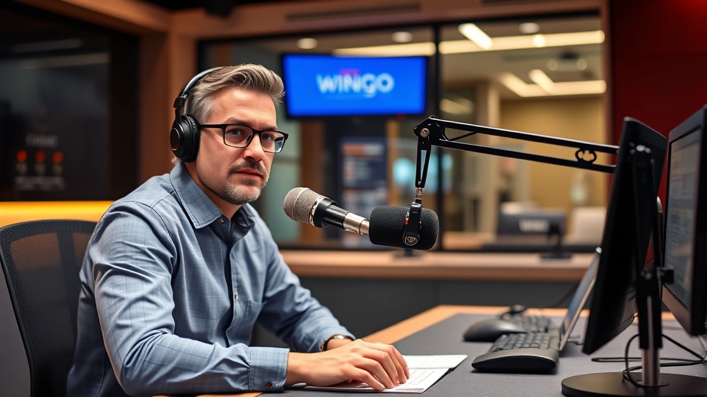 Professional broadcaster in modern radio studio, seated at desk with microphone, focused expression, professional lighting, contemporary studio environment